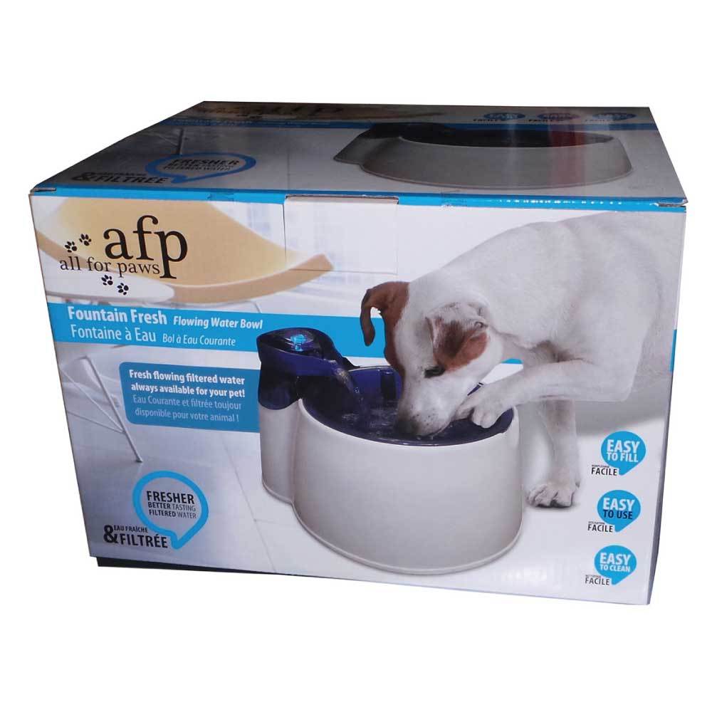 2L Fountain Fresh Pet Water Filter Bowl in blue and white, designed for dogs and cats, featuring a continuous water flow and a washable filter.