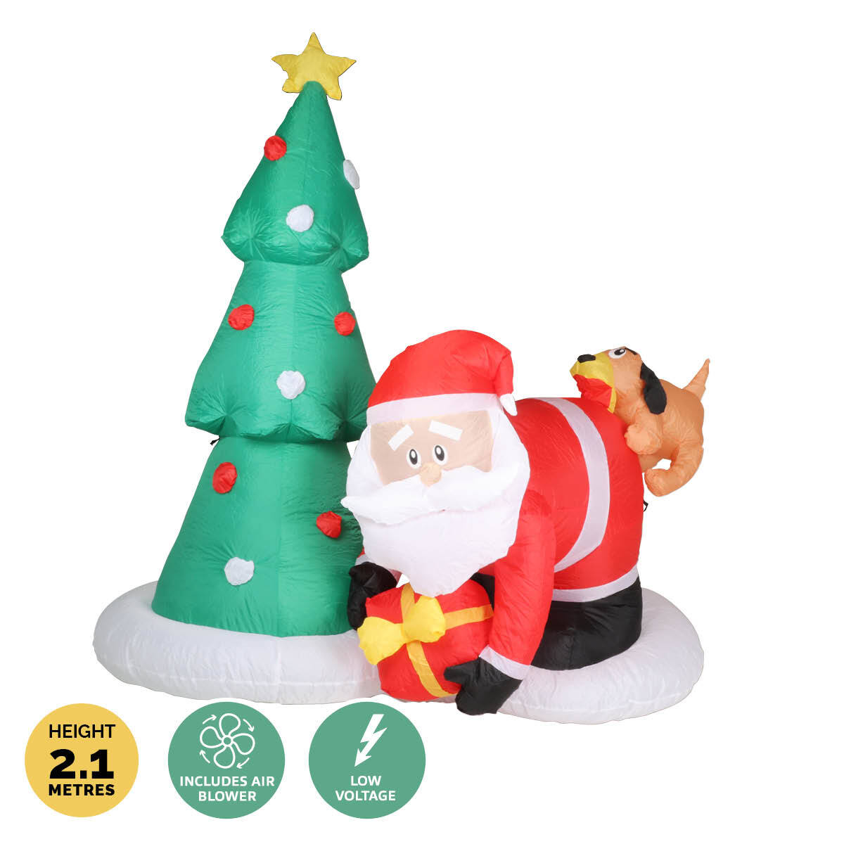 A 2m tall inflatable featuring Santa and a puppy, illuminated with bright LED lights, perfect for outdoor Christmas decorations.