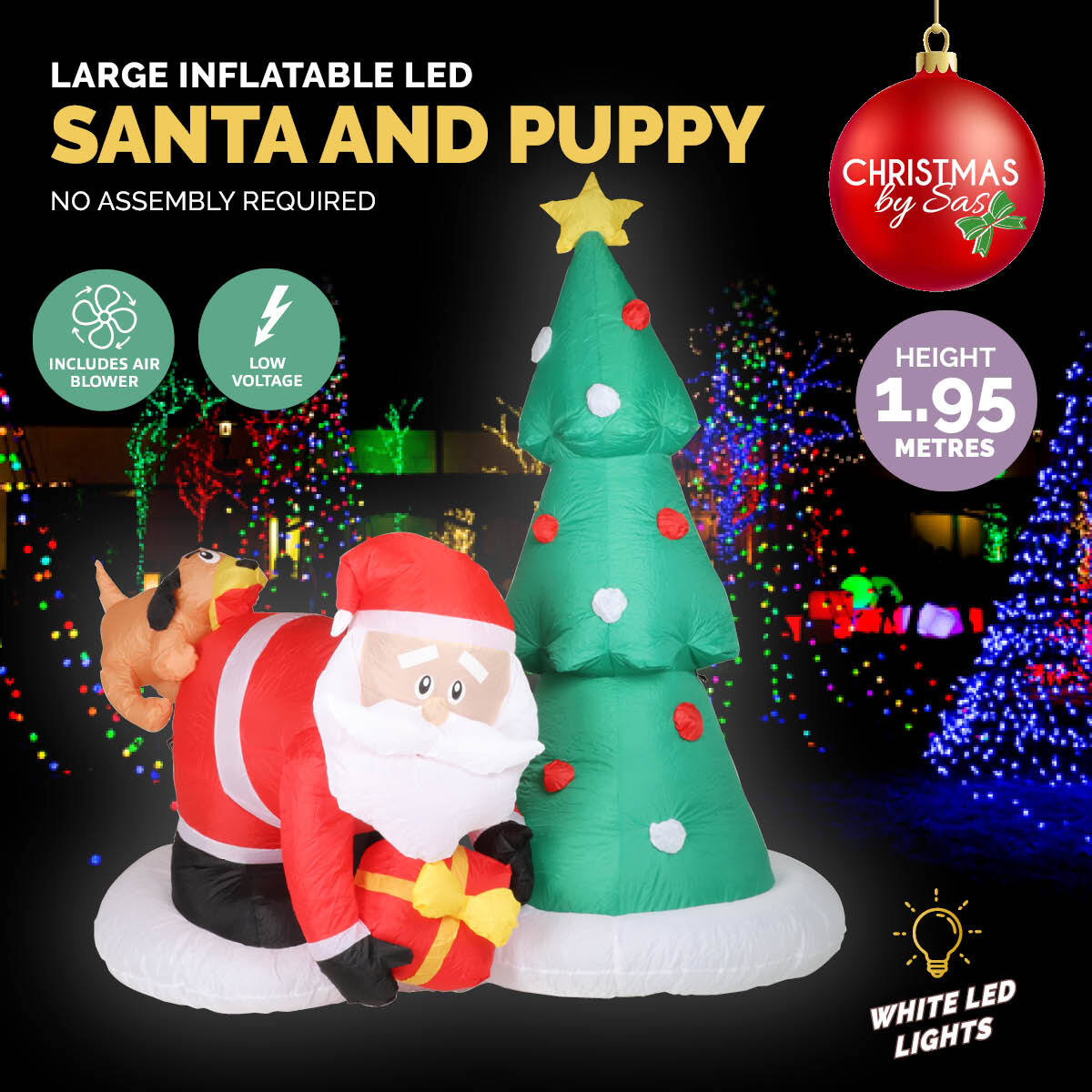 A 2m tall inflatable featuring Santa and a puppy, illuminated with bright LED lights, perfect for outdoor Christmas decorations.