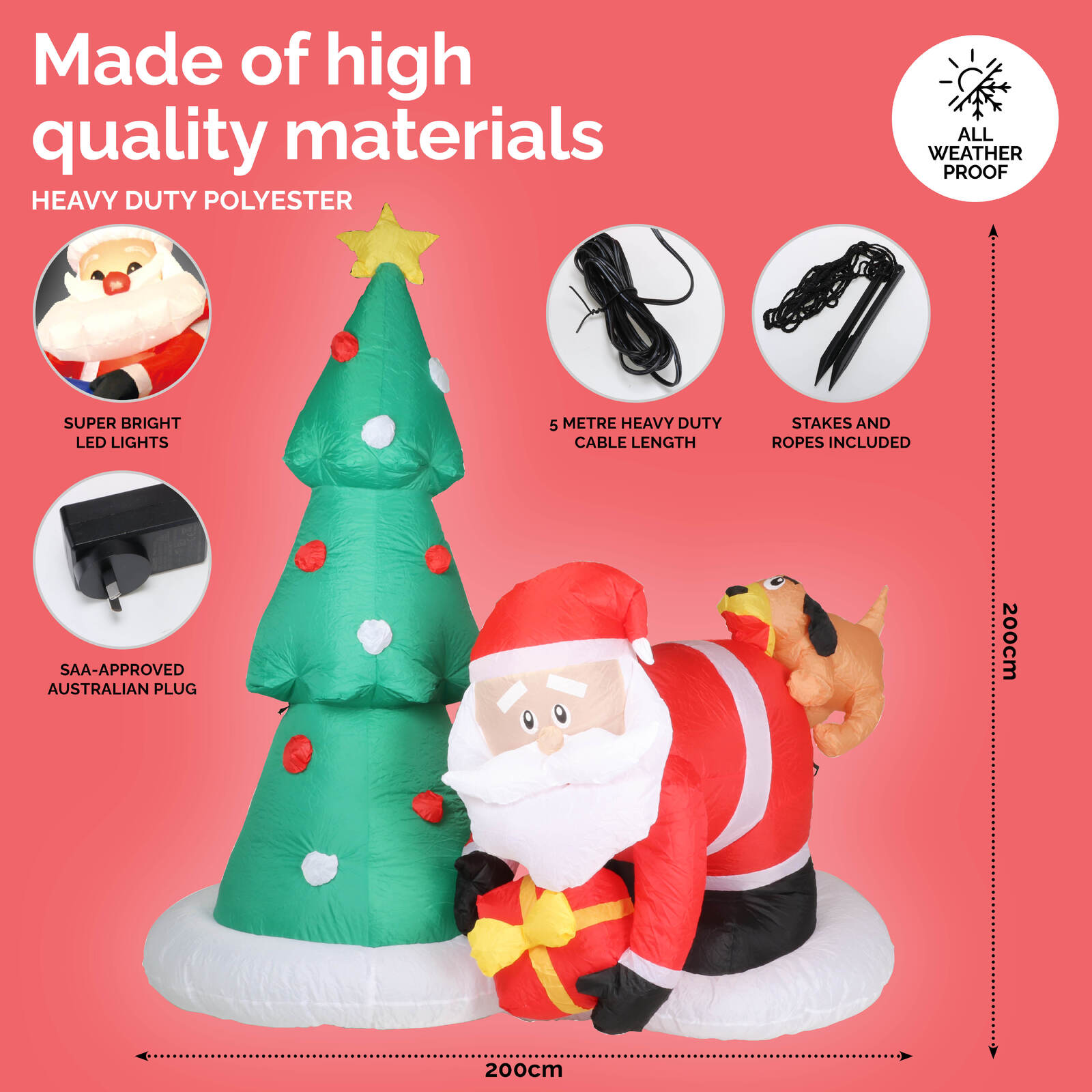 A 2m tall inflatable featuring Santa and a puppy, illuminated with bright LED lights, perfect for outdoor Christmas decorations.