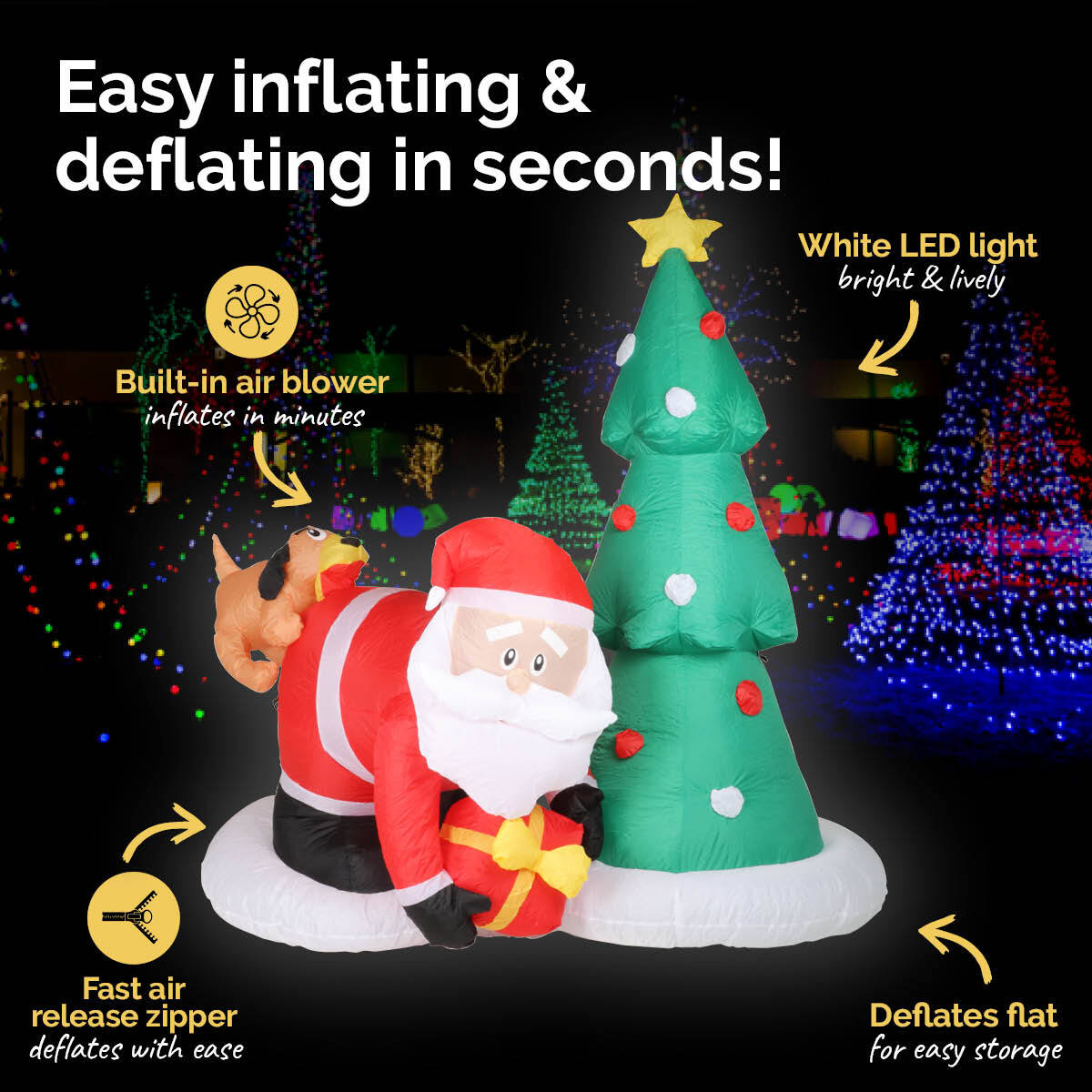 A 2m tall inflatable featuring Santa and a puppy, illuminated with bright LED lights, perfect for outdoor Christmas decorations.
