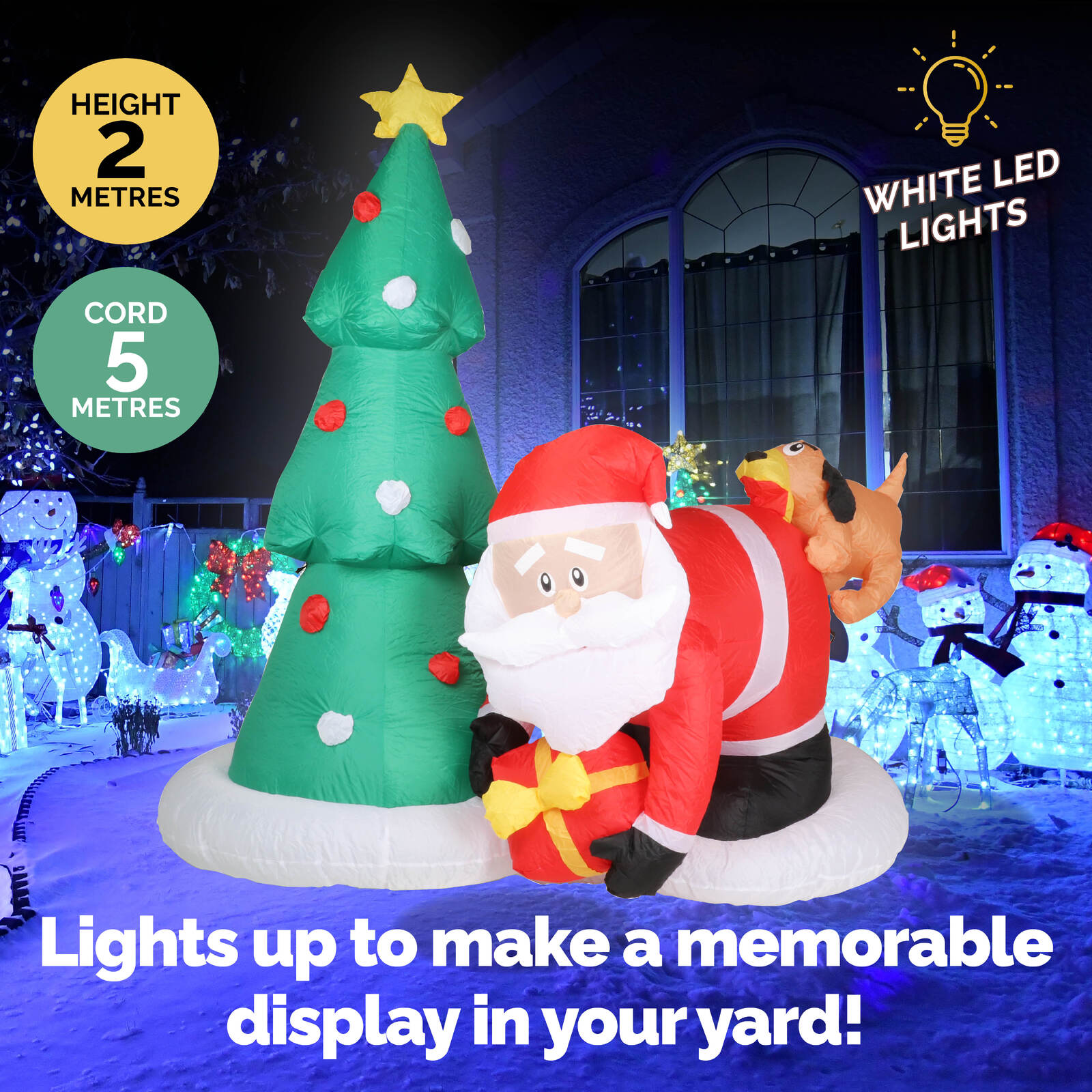 A 2m tall inflatable featuring Santa and a puppy, illuminated with bright LED lights, perfect for outdoor Christmas decorations.