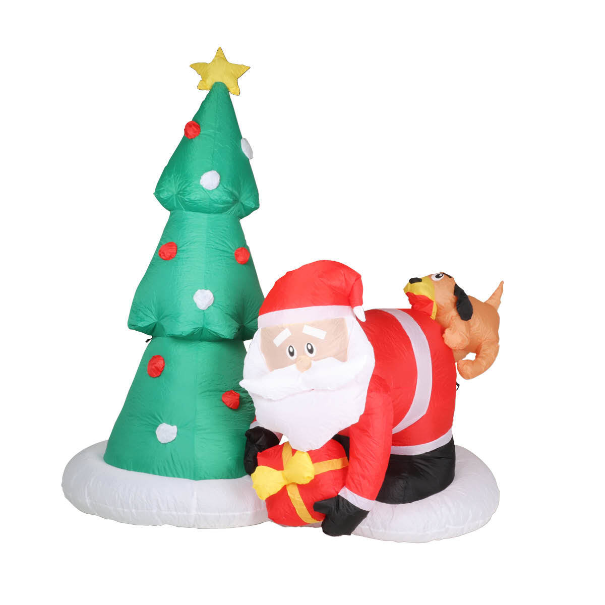 A 2m tall inflatable featuring Santa and a puppy, illuminated with bright LED lights, perfect for outdoor Christmas decorations.