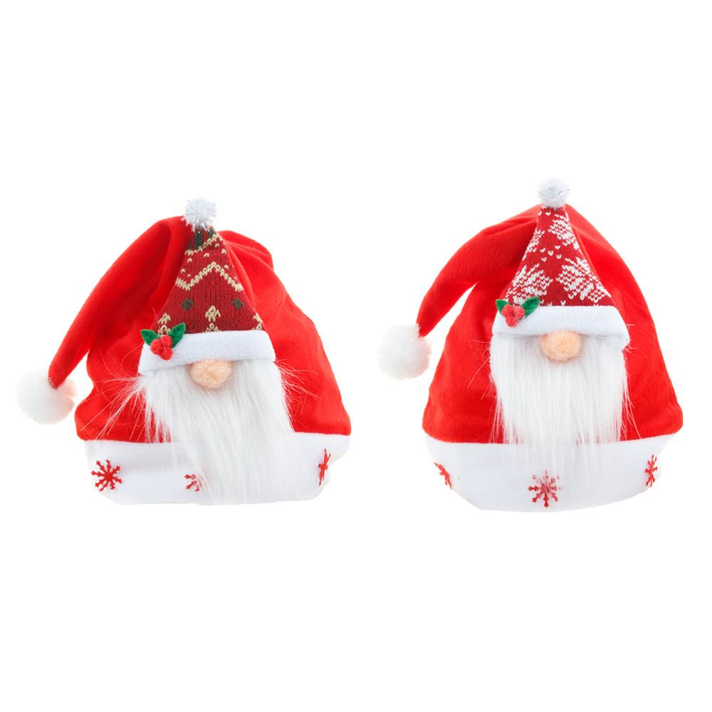 Two fashionable red Christmas plush hats made of soft material, perfect for festive celebrations and winter warmth.