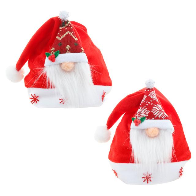 Two fashionable red Christmas plush hats made of soft material, perfect for festive celebrations and winter warmth.