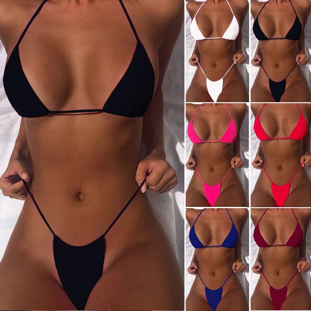 A stylish 2pcs sexy women summer bikini set featuring a triangle bra and low waist bottoms, perfect for beach outings.