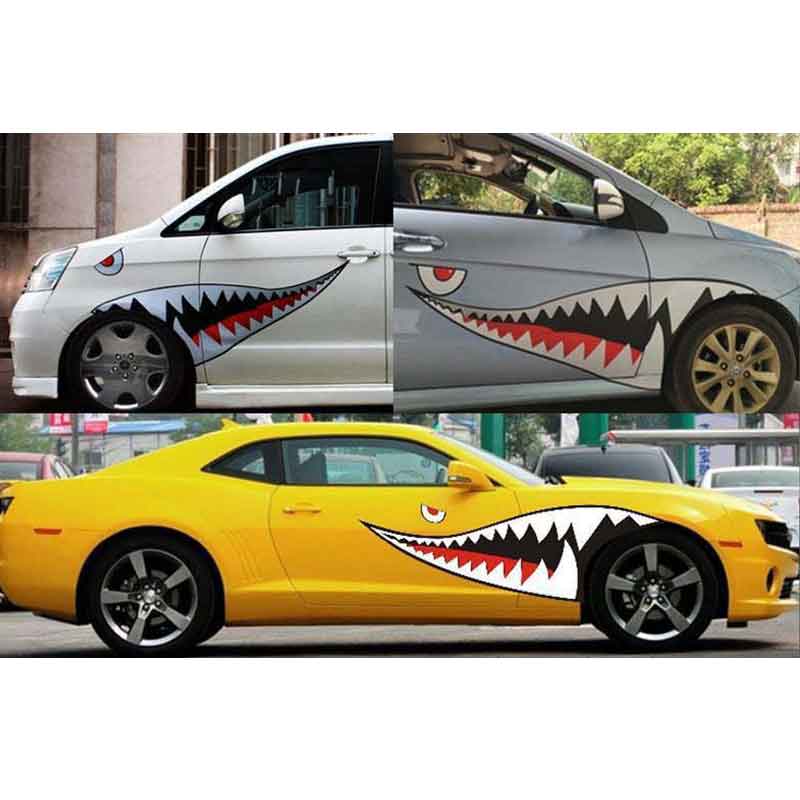 Two DIY shark mouth tooth PVC car stickers with red and black eyes, designed for vehicle decoration.