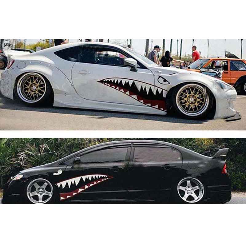 Two DIY shark mouth tooth PVC car stickers with red and black eyes, designed for vehicle decoration.