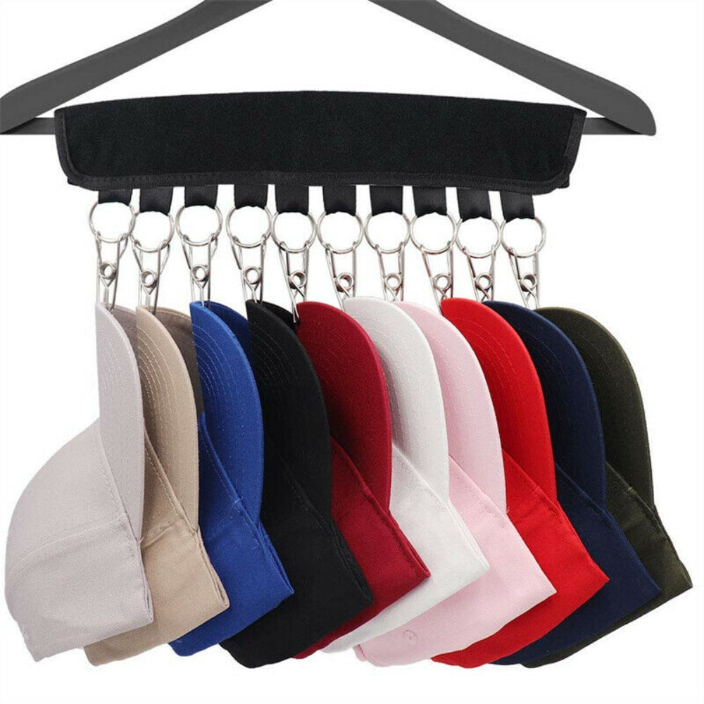 2X 10 Clips Door Cap Rack Baseball Hat Holder with multiple clips for organizing hats in a closet.