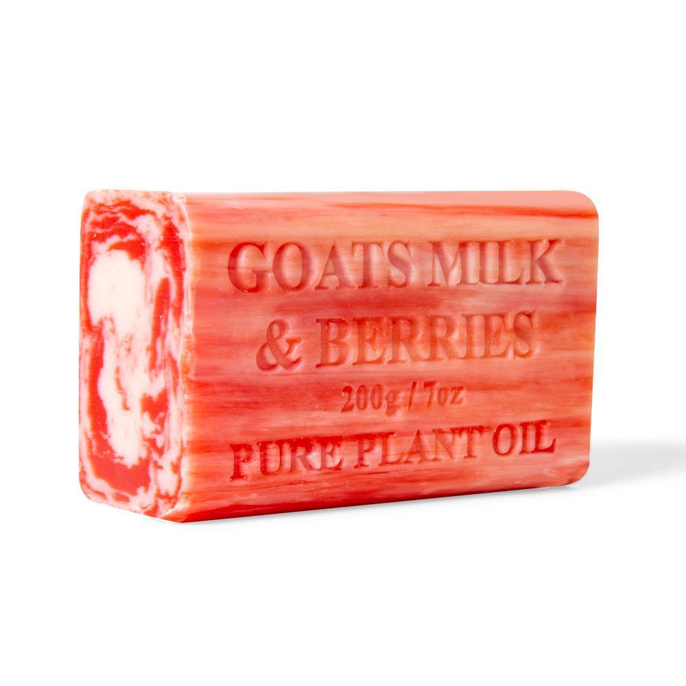 Two 200g Goats Milk Soap Bars with a berries scent, showcasing their marbled design and creamy texture, perfect for moisturizing skin.