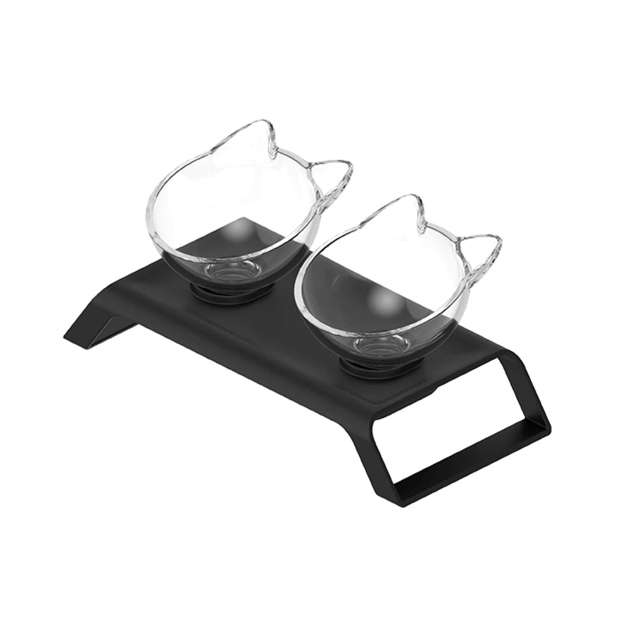 Elevated cat bowl stand with two 200ml bowls in a sleek matte black design, promoting healthy feeding posture for cats.