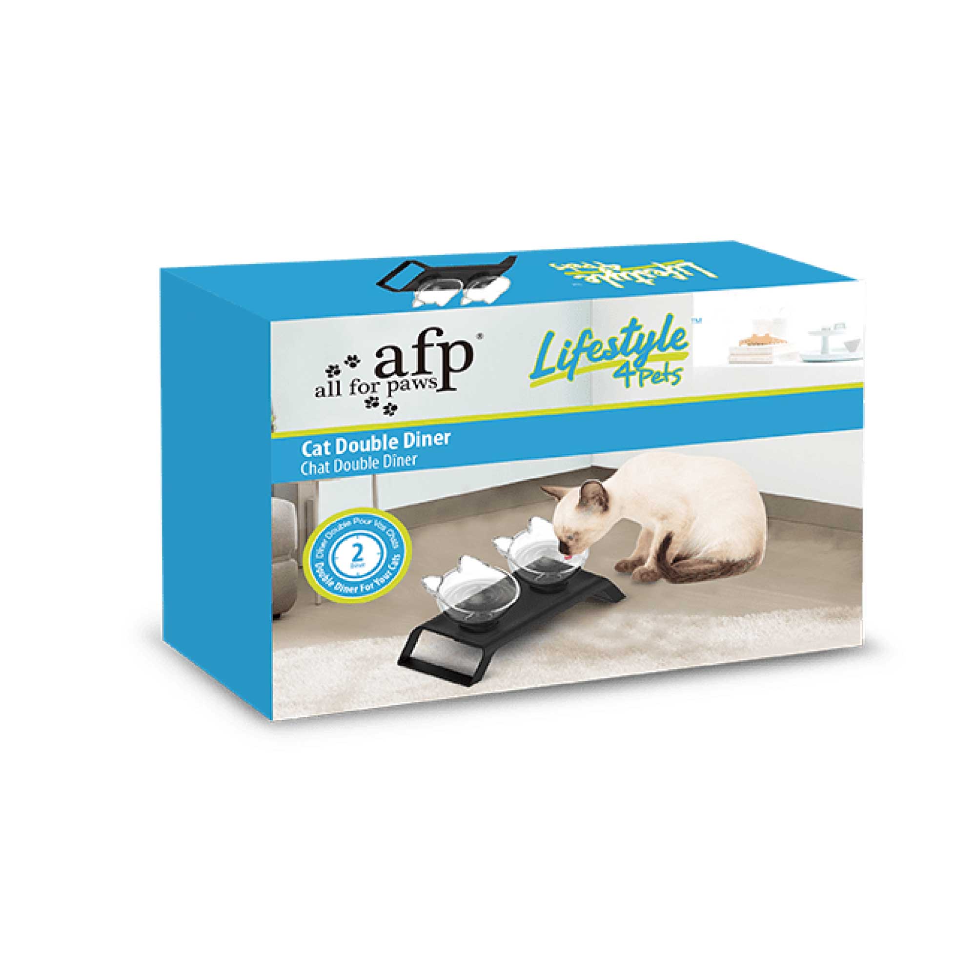 Elevated cat bowl stand with two 200ml bowls in a sleek matte black design, promoting healthy feeding posture for cats.