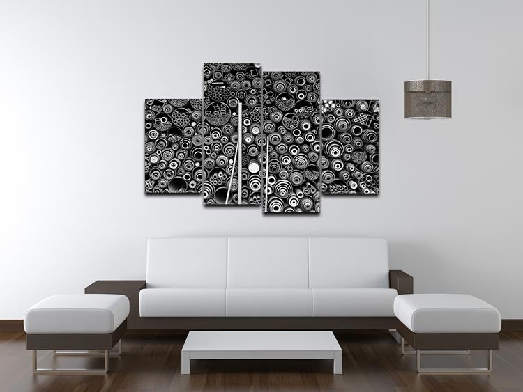A vibrant 4-split canvas artwork featuring abstract designs, showcasing four individual panels that create a cohesive image when hung together.
