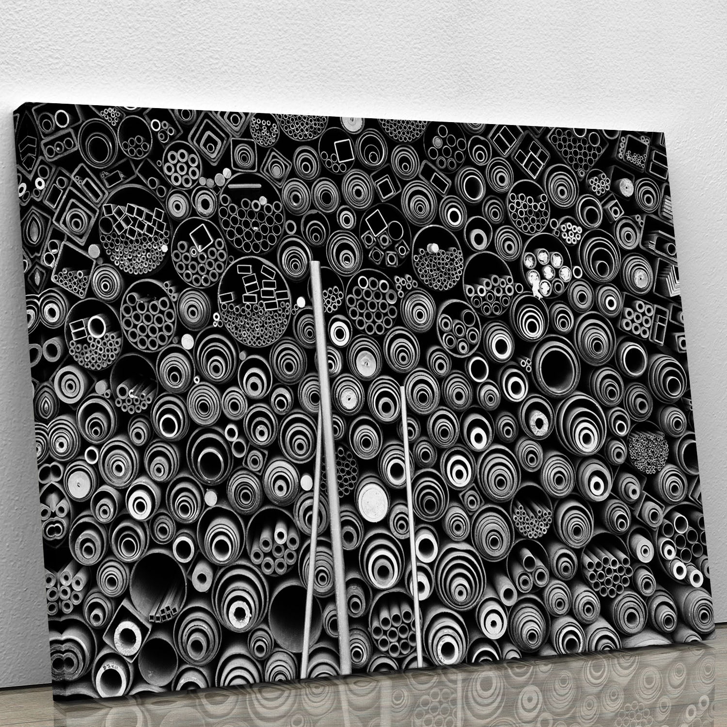 A vibrant canvas print featuring the abstract design of 3 More Pipes, showcasing intricate details and rich colors.