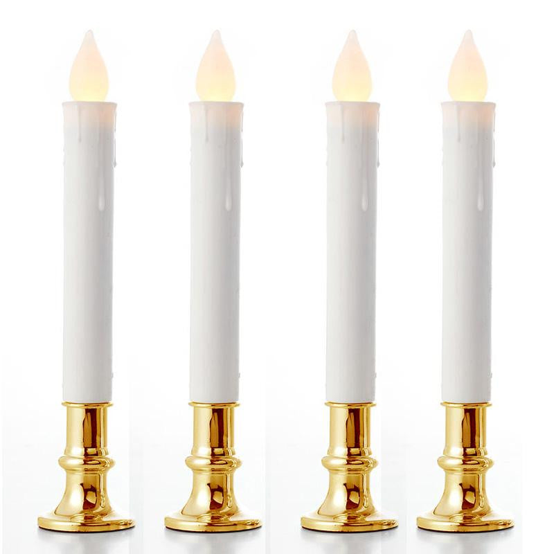 Three elegant white taper stick candles on a gold stand, designed for battery operation with a natural flame light color.