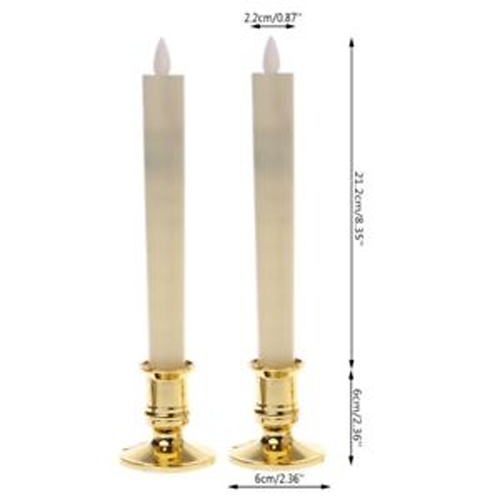 Three elegant white taper stick candles on a gold stand, designed for battery operation with a natural flame light color.
