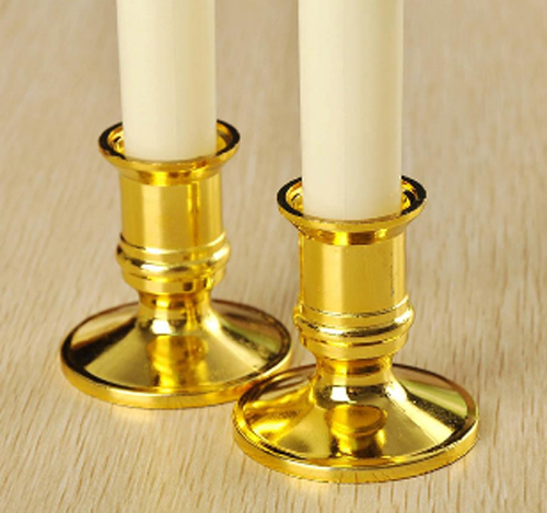 Three elegant white taper stick candles on a gold stand, designed for battery operation with a natural flame light color.