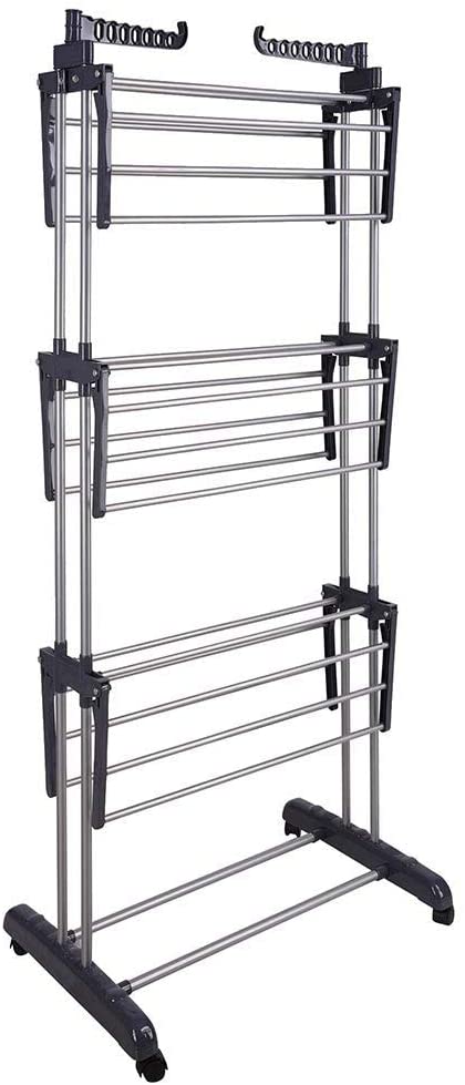 3 Tier Foldable Clothes Drying Rack with Hanger Stand, showcasing its compact design and multiple drying levels.