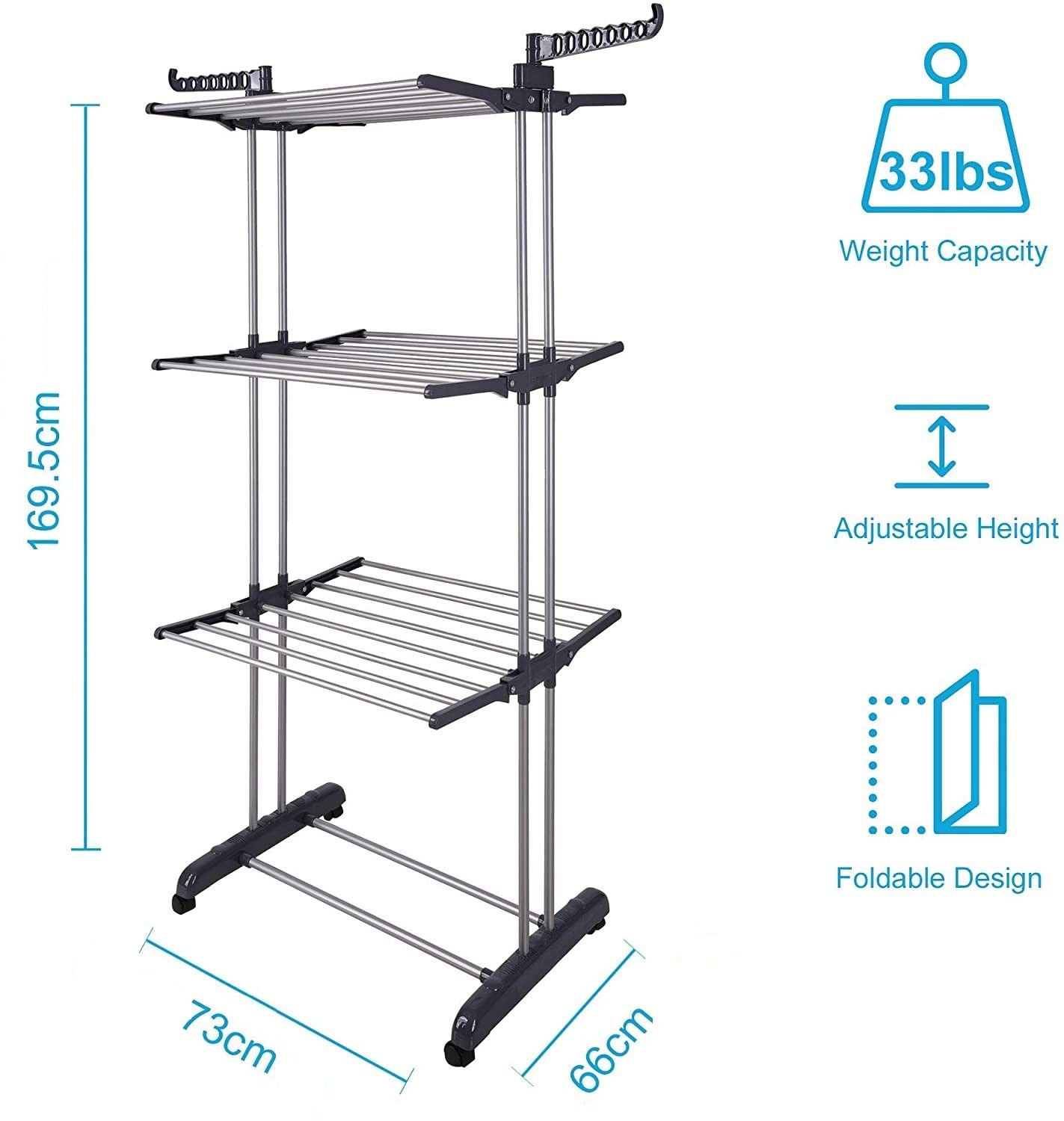 3 Tier Foldable Clothes Drying Rack with Hanger Stand, showcasing its compact design and multiple drying levels.