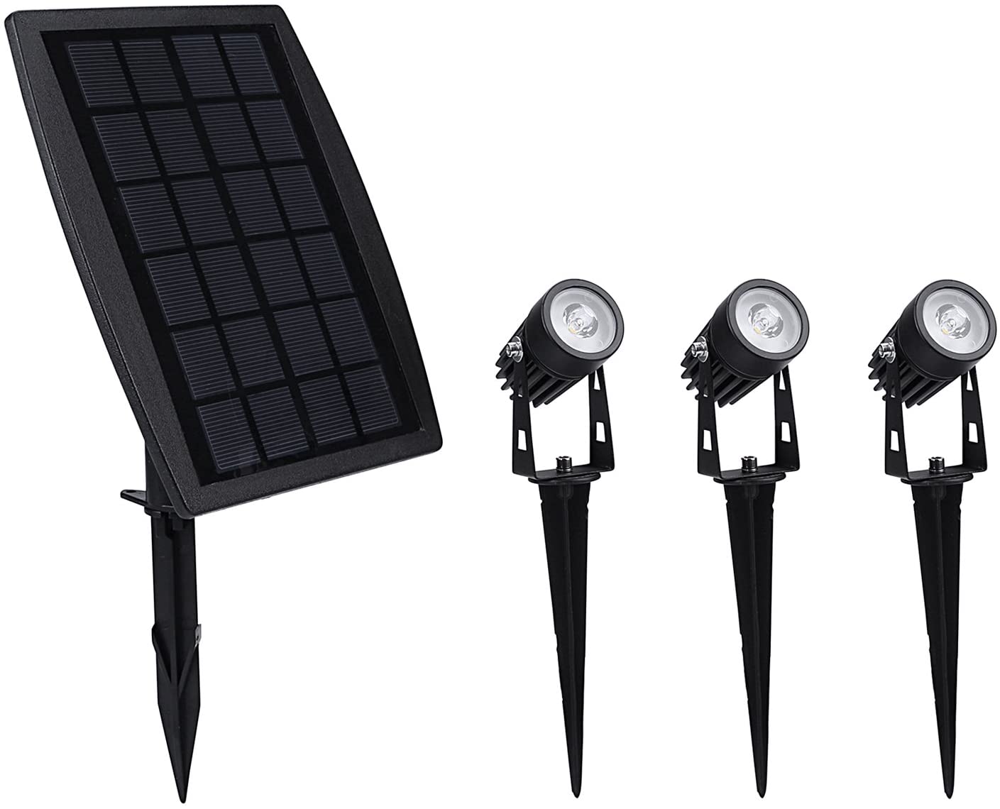 Three LED solar spotlights with a black finish, designed for outdoor use, showcasing their waterproof features and bright warm white light.