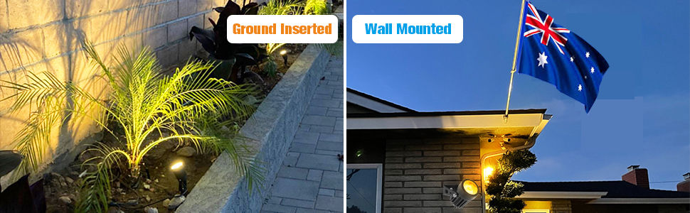 Three LED solar spotlights with a black finish, designed for outdoor use, showcasing their waterproof features and bright warm white light.