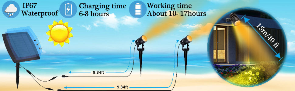 Three LED solar spotlights with a black finish, designed for outdoor use, showcasing their waterproof features and bright warm white light.