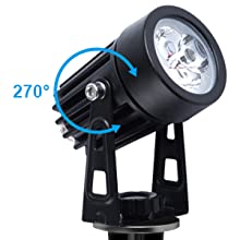 Three LED solar spotlights with a black finish, designed for outdoor use, showcasing their waterproof features and bright warm white light.