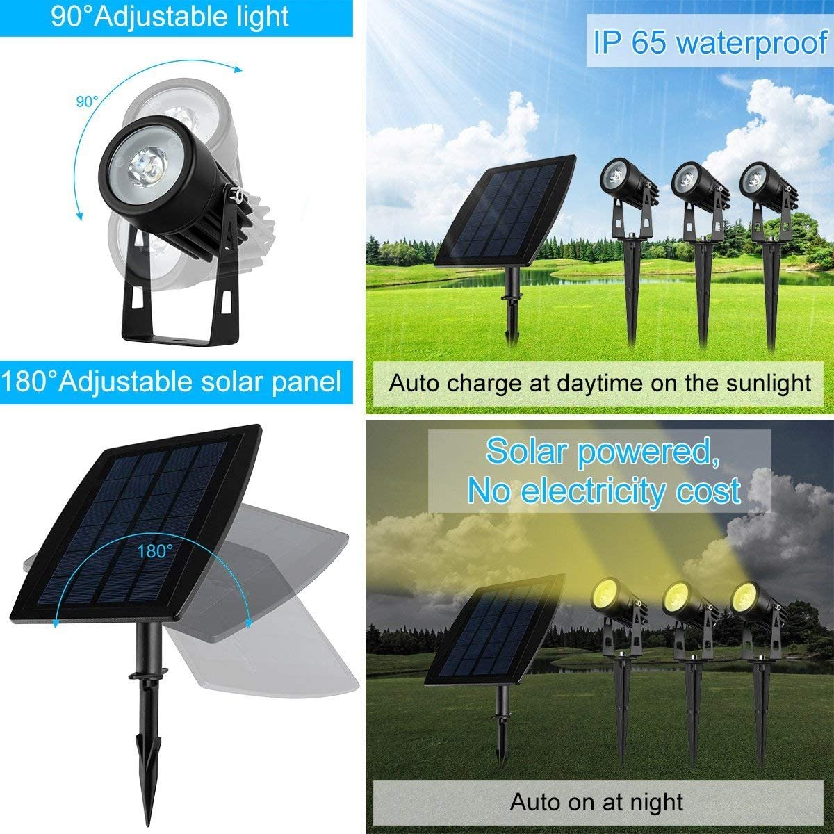 Three LED solar spotlights with a black finish, designed for outdoor use, showcasing their waterproof features and bright warm white light.