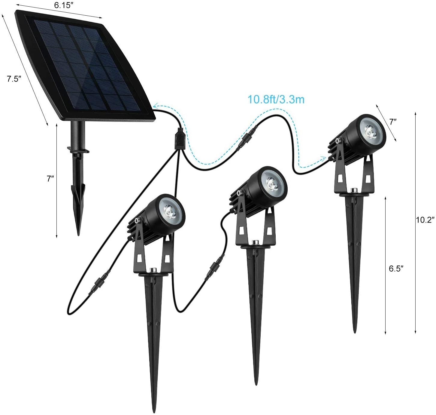 Three LED solar spotlights with a black finish, designed for outdoor use, showcasing their waterproof features and bright warm white light.
