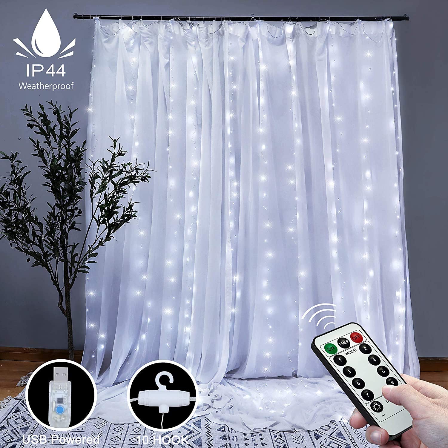 300 LEDs Window Curtain Fairy Lights with remote control, showcasing bright lights on flexible copper wire, perfect for indoor and outdoor decoration.