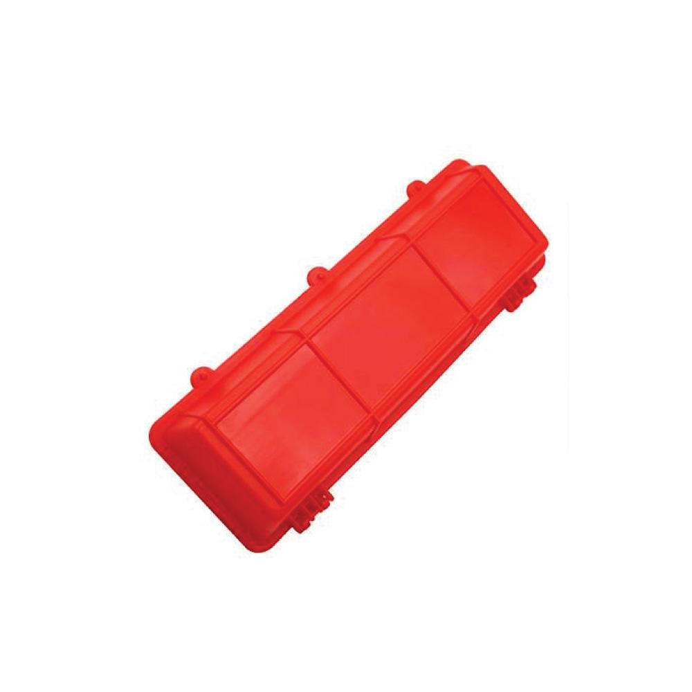 30cm long red plastic poultry feeder with hinged top, designed to minimize feed wastage for chickens and other birds.