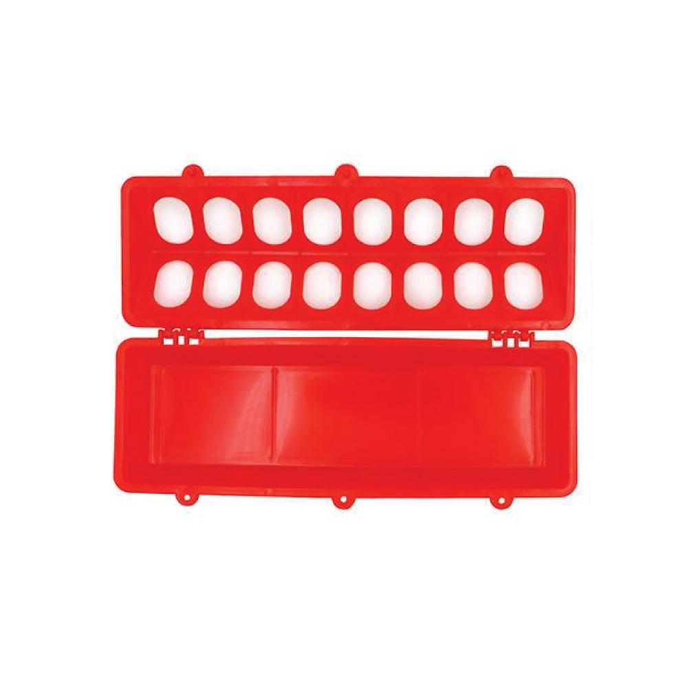 30cm long red plastic poultry feeder with hinged top, designed to minimize feed wastage for chickens and other birds.