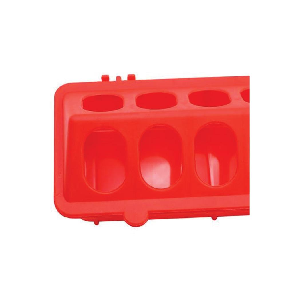 30cm long red plastic poultry feeder with hinged top, designed to minimize feed wastage for chickens and other birds.