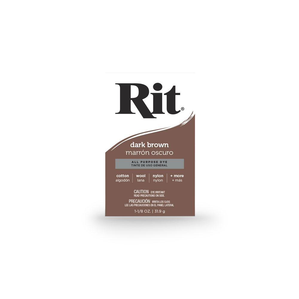 Rit 31.9g Dark Brown Fabric Dye Powder in a container, showcasing its rich color and packaging details.