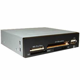 3.5" All in One Internal Card Reader with USB port, designed for multiple memory card formats, featuring a sleek metal finish.