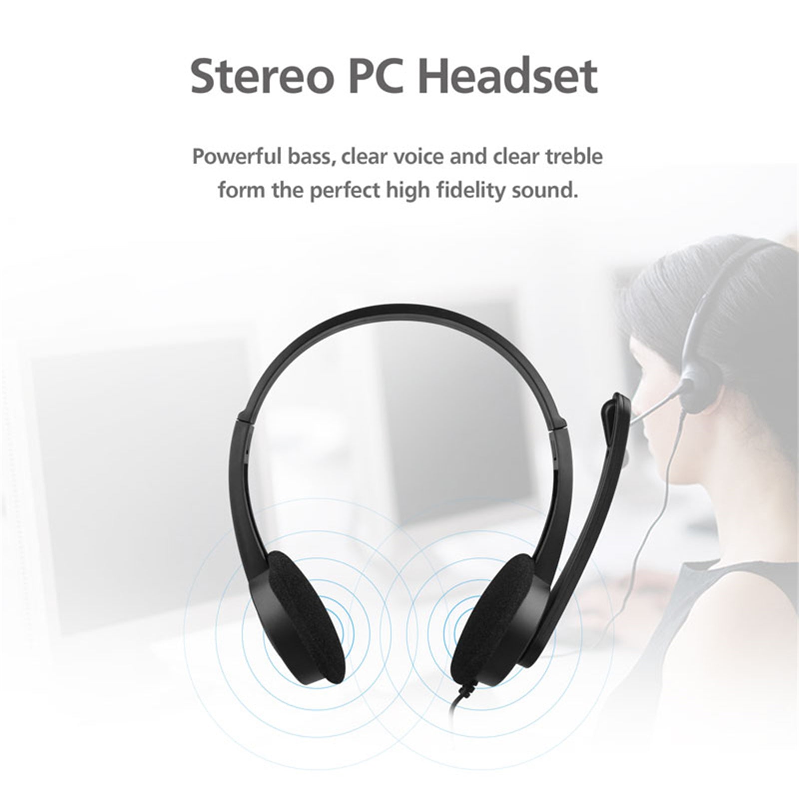 3.5mm Multi Device Stereo Headset with adjustable headband and padded earcups, designed for comfort and high fidelity sound.