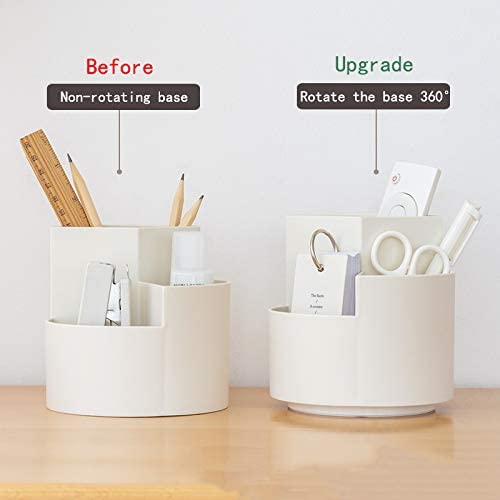 360-degree rotating multi-functional pen holder in pink with three separate layers for desk organization.