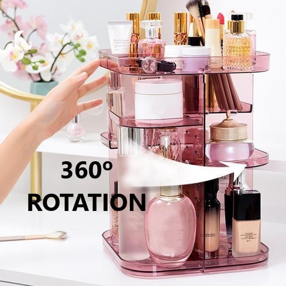 360 Rotating Large Capacity Makeup Organizer in pink, showcasing adjustable trays and a sleek design for cosmetics storage.