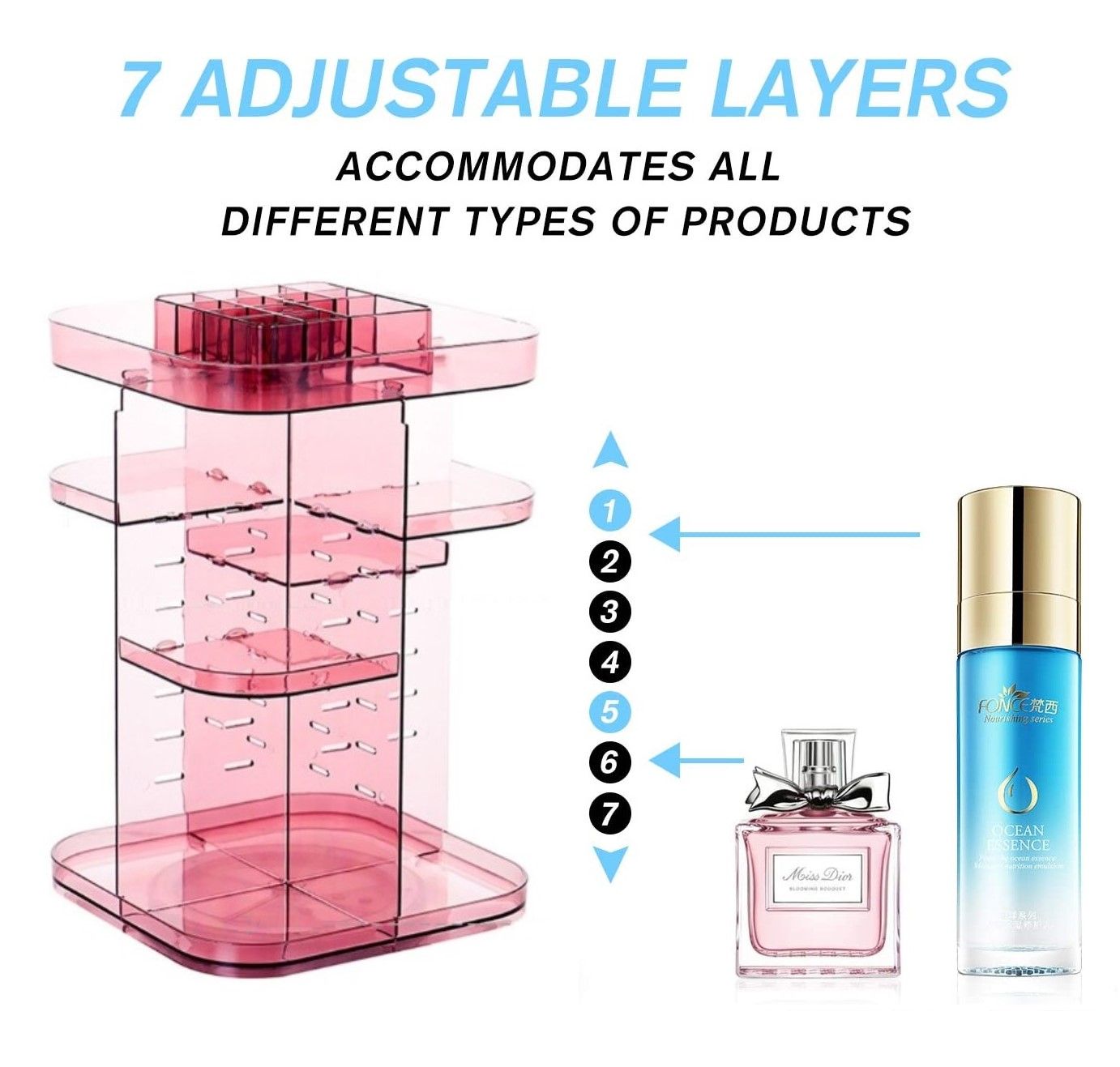 360 Rotating Large Capacity Makeup Organizer in pink, showcasing adjustable trays and a sleek design for cosmetics storage.