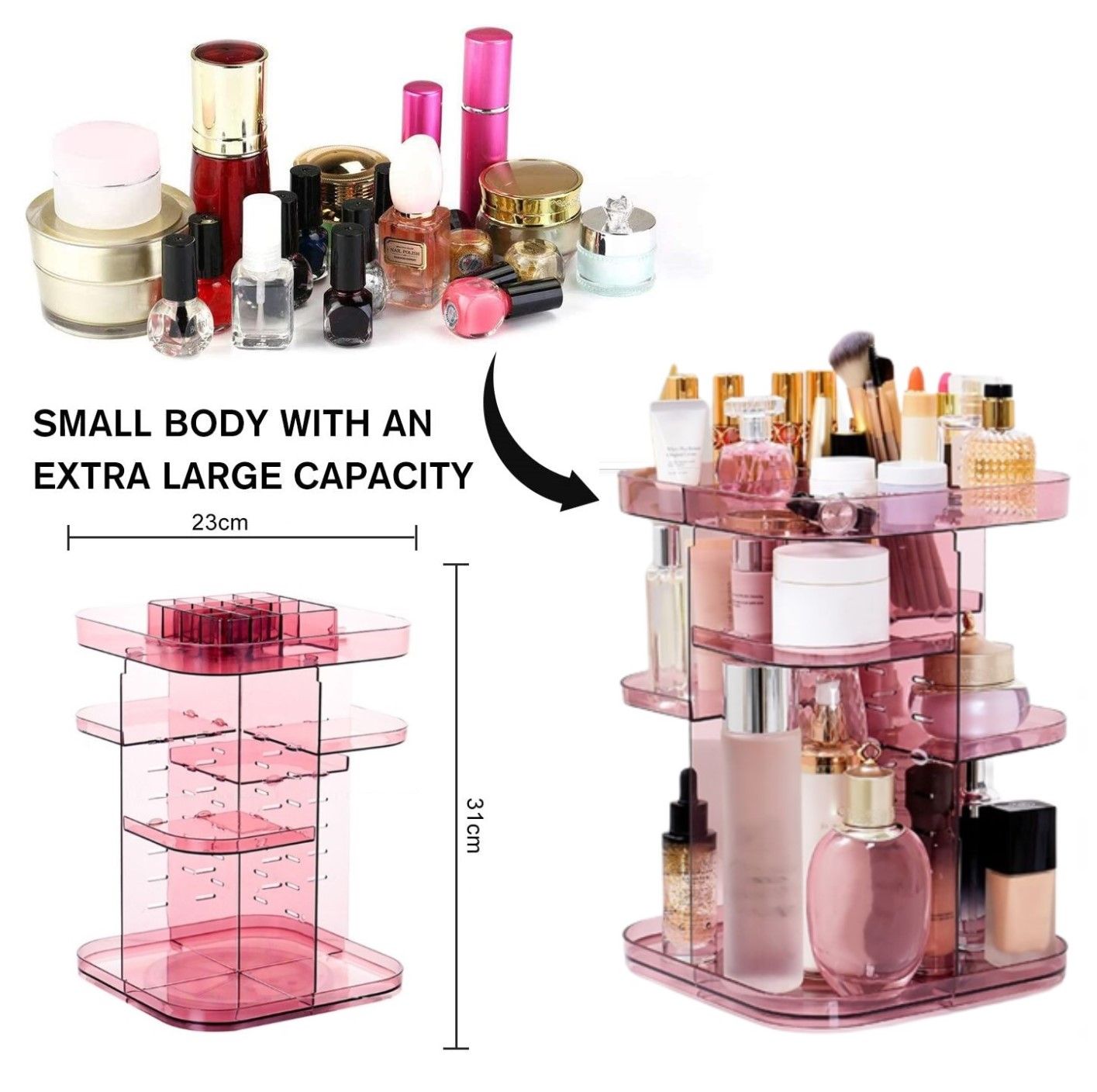360 Rotating Large Capacity Makeup Organizer in pink, showcasing adjustable trays and a sleek design for cosmetics storage.