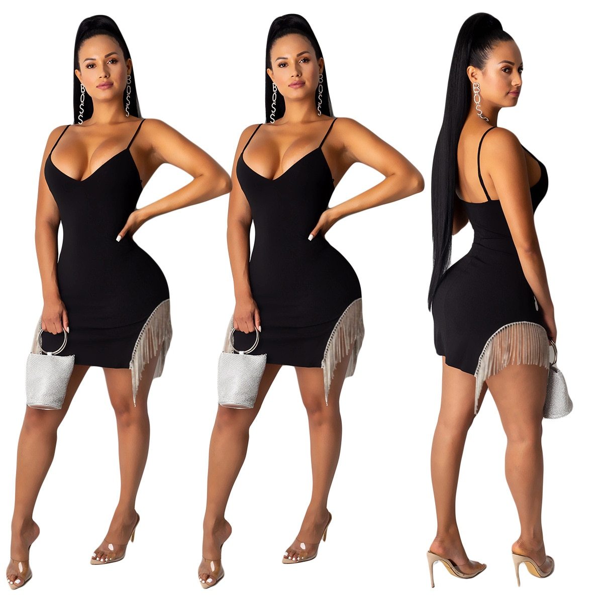 A stylish black spaghetti strap dress with an irregular hem, perfect for autumn and winter wear.