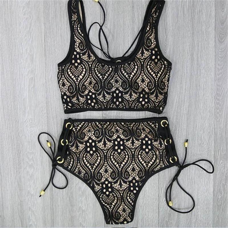 3colors Lace High Waist Swimsuit Bikini Set featuring elegant lace detailing and a flattering high waist design, perfect for summer.