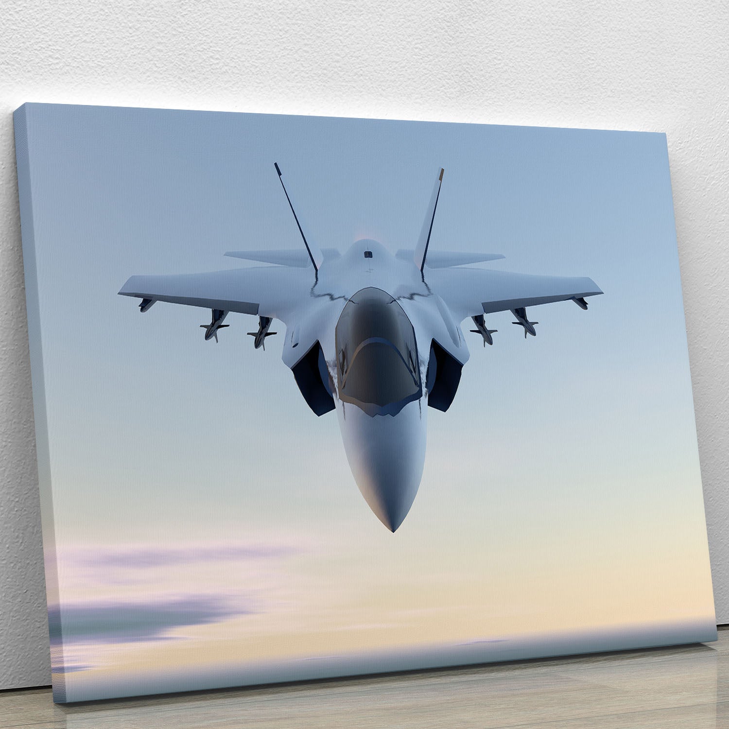 A vibrant 3D canvas print of the F-35 fighter jet, showcasing its sleek design and dynamic colors, perfect for aviation enthusiasts.