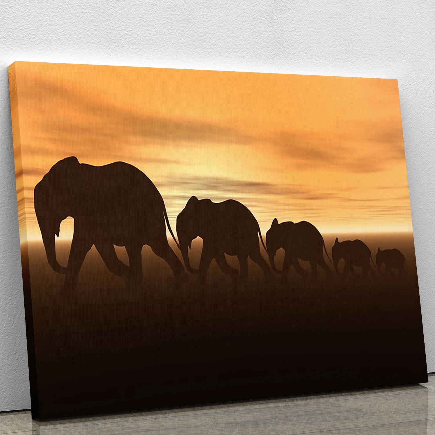 A vibrant 3D render of elephants on a canvas print, showcasing intricate details and colors, perfect for home or office decor.
