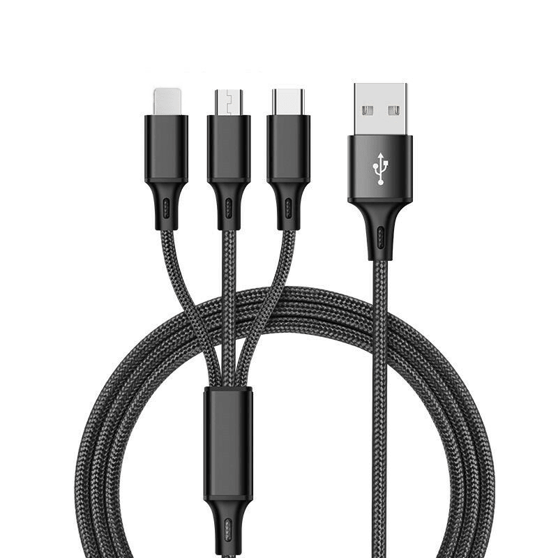 3-in-1 Nylon Braided 4FT Charging Cable with 8Pin, Type-C, and Micro USB connectors in black color, showcasing its durable design.