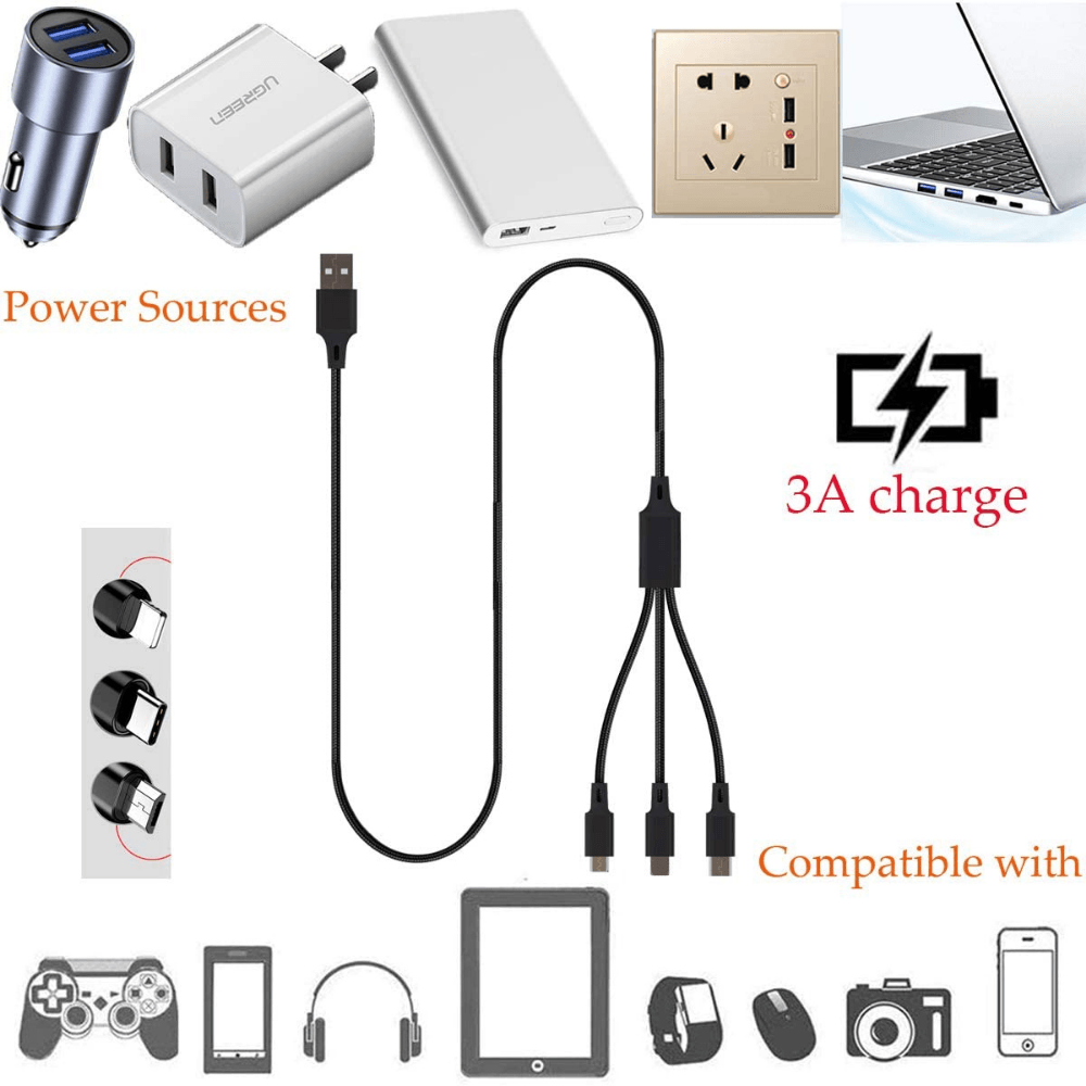 3-in-1 Nylon Braided 4FT Charging Cable with 8Pin, Type-C, and Micro USB connectors in black color, showcasing its durable design.