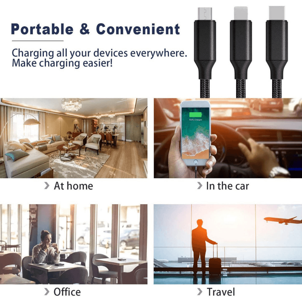 3-in-1 Nylon Braided 4FT Charging Cable with 8Pin, Type-C, and Micro USB connectors in black color, showcasing its durable design.