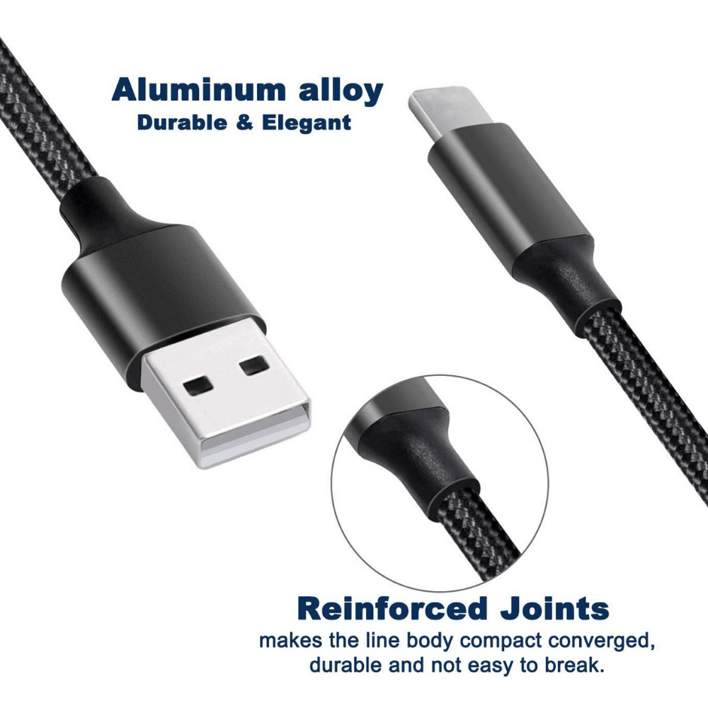 3-in-1 Nylon Braided 4FT Charging Cable with 8Pin, Type-C, and Micro USB connectors in black color, showcasing its durable design.