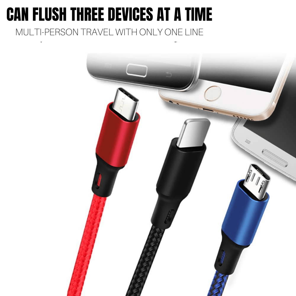3-in-1 Nylon Braided 4FT Charging Cable with 8Pin, Type-C, and Micro USB connectors in black color, showcasing its durable design.