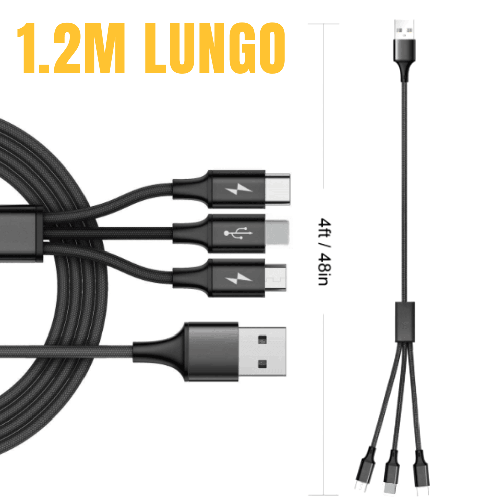 3-in-1 Nylon Braided 4FT Charging Cable with 8Pin, Type-C, and Micro USB connectors in black color, showcasing its durable design.